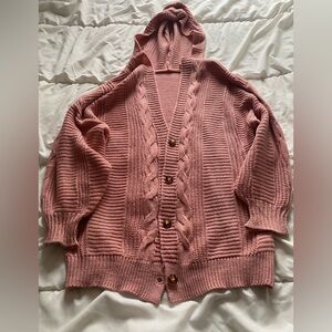 SHEIN Dusty Rose Cable Knit Hooded Cardigan